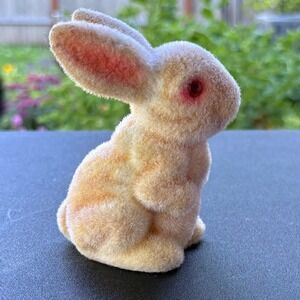 Vintage SSCO Flocked Bunny Rabbit Figurine Pink Eyes Tan Cream Hong Kong Easter